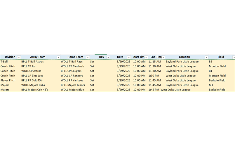 Weekend Game Schedule